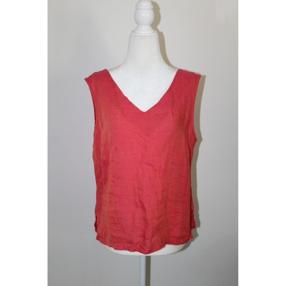 Bryn Walker Womens Coral Pink 100% Linen V-Neck Sleeveless Lagenlook Tank Top M